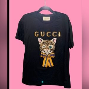 Authentic Vintage Monogramed Womens Black Tee with Cat Embroidery